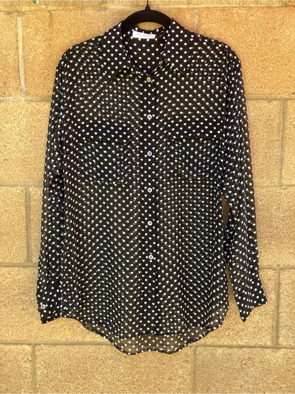 Equipment White Heart On Black Print Sheer Long Sleeve Blouse